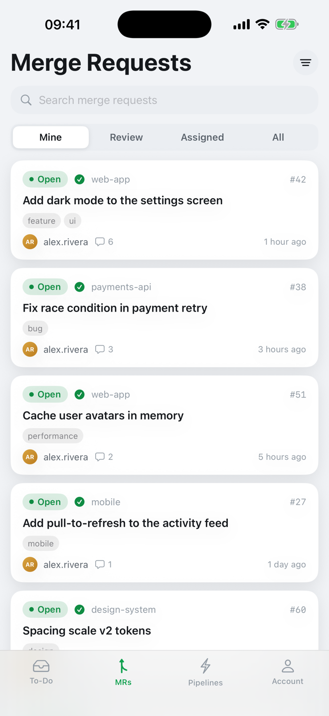 GitLab merge requests list on iPhone