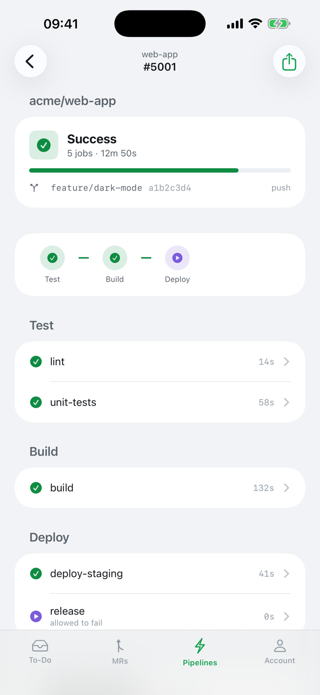 GitLab CI/CD pipeline detail with stages and jobs on iPhone