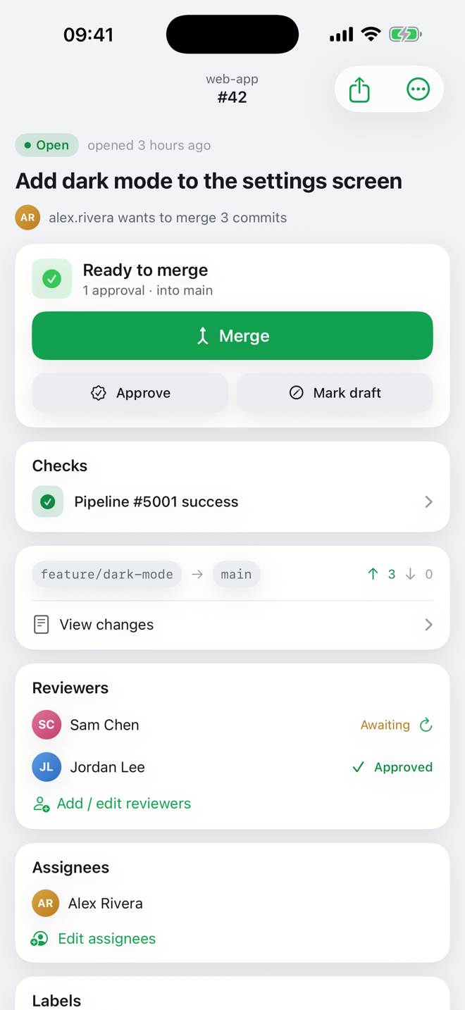 GitLab merge request detail with the merge card on iPhone