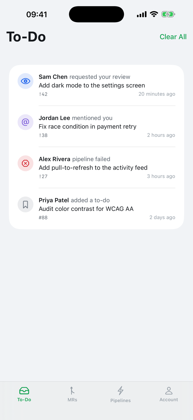 GitLab to-do list on iPhone
